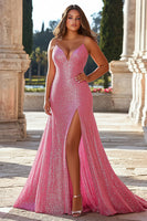 Load image into Gallery viewer, Sparkly Pink Mermaid Sequins Long Prom Dress with Slit