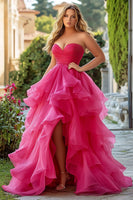 Load image into Gallery viewer, Fuchsia A Line Tiered Long Tulle Prom Dress with Slit