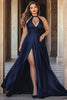 Load image into Gallery viewer, Navy A Line Halter Satin Long Prom Dress with Slit