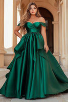Load image into Gallery viewer, Dark Green Off the Shoulder Satin Long Prom Dress with Ruffles