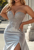Load image into Gallery viewer, Silver Mermaid Satin Appliqued Long Prom Dress with Slit