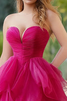 Load image into Gallery viewer, Fuchsia A Line Asymmetrical Tulle Long Prom Dress with Slit