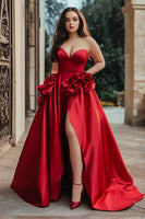Load image into Gallery viewer, Red A Line Satin Ruffled Long Prom Dress with Slit