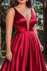 Load image into Gallery viewer, Red A Line Satin Deep V-Neck Long Prom Dress