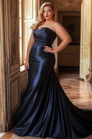 Load image into Gallery viewer, Navy Mermaid Satin Ruched Long Prom Dress