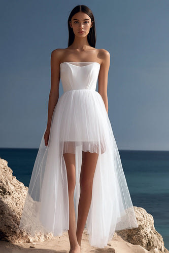 White High-Low Tulle Strapless Graduation Dress