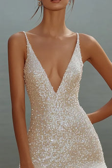 Sparkly White Bodycon Sequins V-Neck Graduation Dress