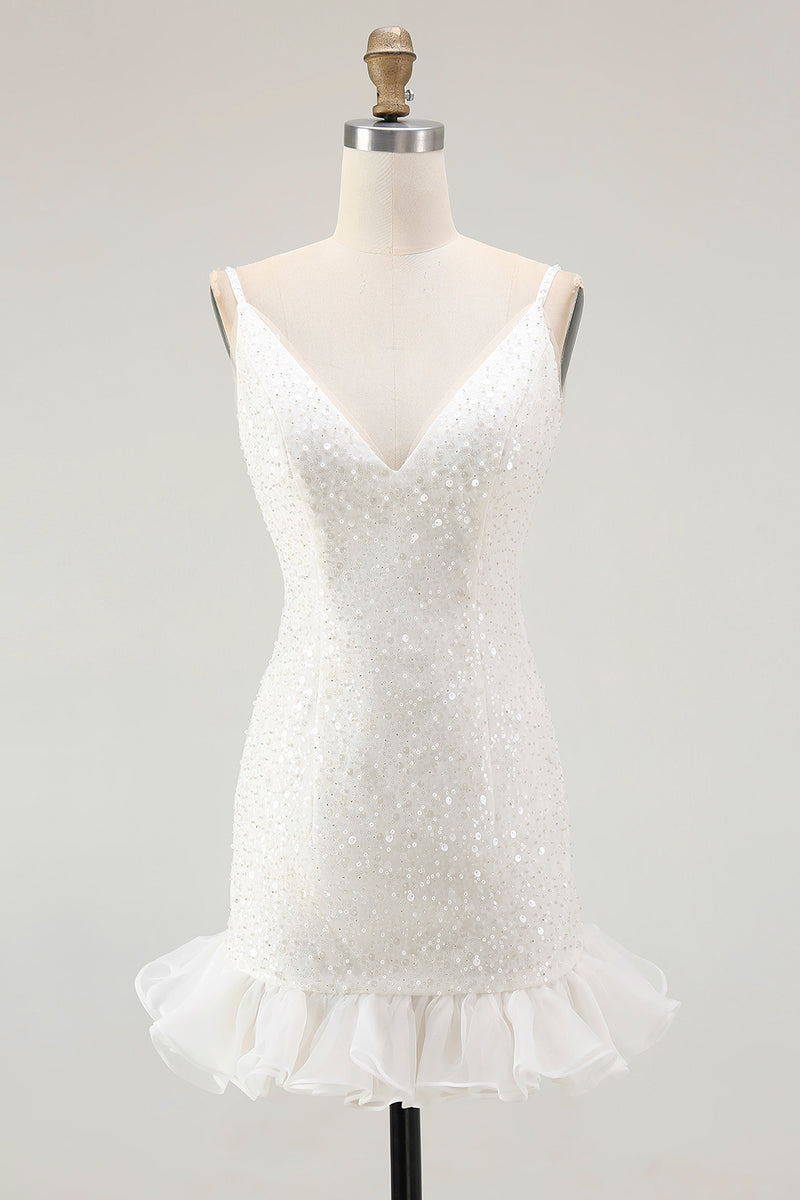 Load image into Gallery viewer, Sparkly White Bodycon V-Neck Mini Sequin Party Dress with Ruffles