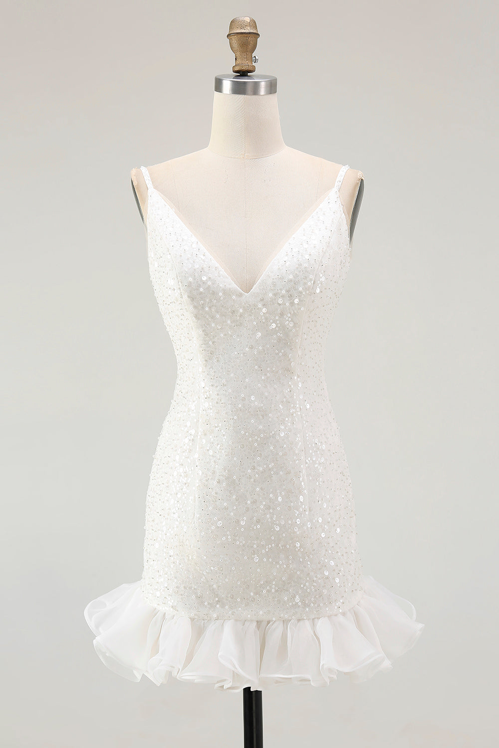 Sparkly White V-Neck Bodycon Short Sequin Party Dress with Ruffles