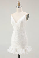 Load image into Gallery viewer, Sparkly White V-Neck Bodycon Short Sequin Party Dress with Ruffles