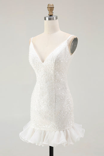 Sparkly White V-Neck Bodycon Short Sequin Party Dress with Ruffles