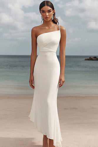 White Chiffon Sheath One Shoulder Engagement Dress