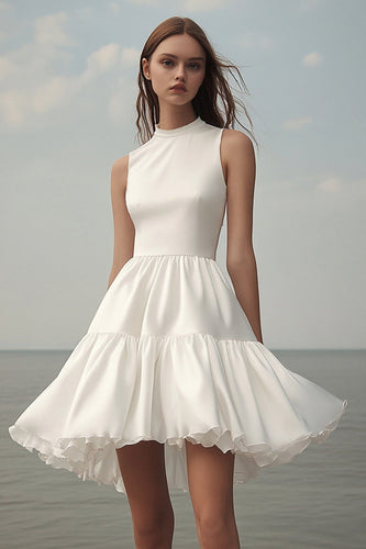 White Satin Mini Sleeveless Graduation Dress