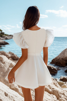 Load image into Gallery viewer, White Satin Mini V-Neck Graduation Dress with Ruffles
