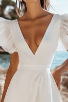 Load image into Gallery viewer, White Satin Mini V-Neck Graduation Dress with Ruffles