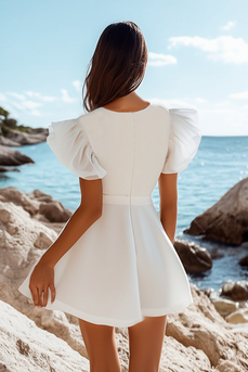 White Satin Mini V-Neck Graduation Dress with Ruffles