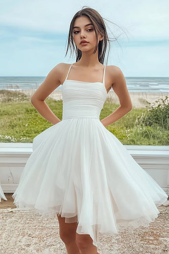 White Organza Mini Ruched Graduation Dress