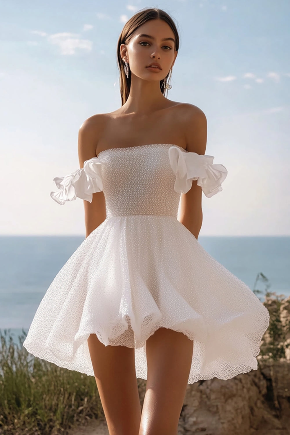 White Sequins Mini Graduation Dress with Ruffles
