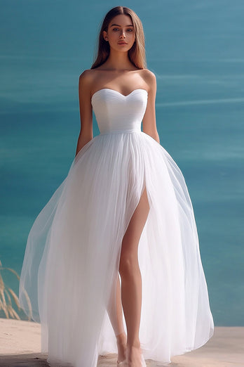 White Tulle A Line Sweetheart Long Engagement Dress with Slit