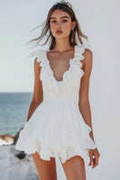 Load image into Gallery viewer, White Chiffon Mini V-Neck Pleated Graduation Dress with Ruffles