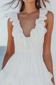 White Chiffon Mini V-Neck Pleated Graduation Dress with Ruffles