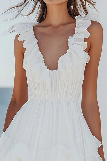 White Chiffon Mini V-Neck Pleated Graduation Dress with Ruffles