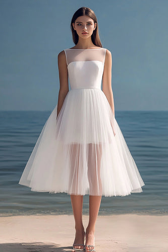 White Tulle Midi Pleated Engagement Dress
