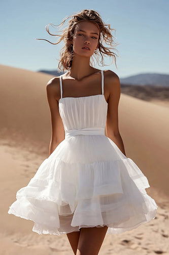 White Organza A Line Spaghetti Straps Pleated Mini Graduation Dress