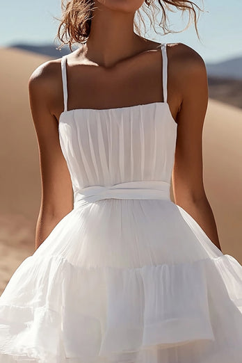 White Organza A Line Spaghetti Straps Pleated Mini Graduation Dress