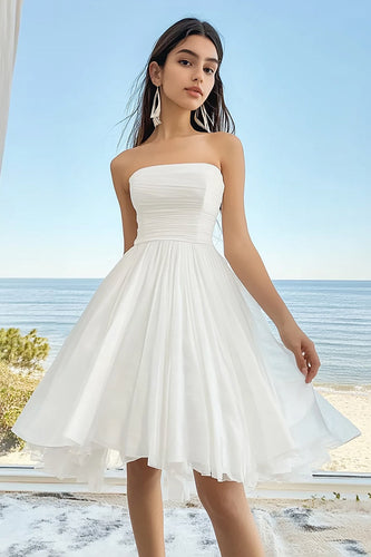 White Chiffon Strapless Pleated Midi Graduation Dress
