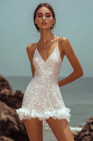 Load image into Gallery viewer, Sparkly White Sequins Mini V-Neck Graduation Dress with Ruffles