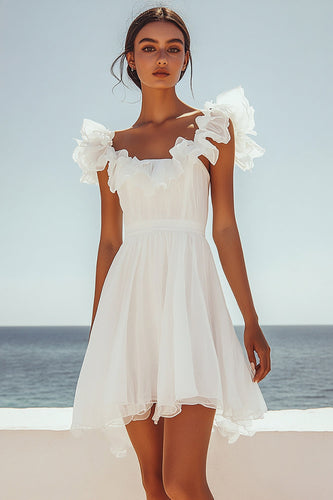 White Chiffon Mini Pleated Ruffled Graduation Dress