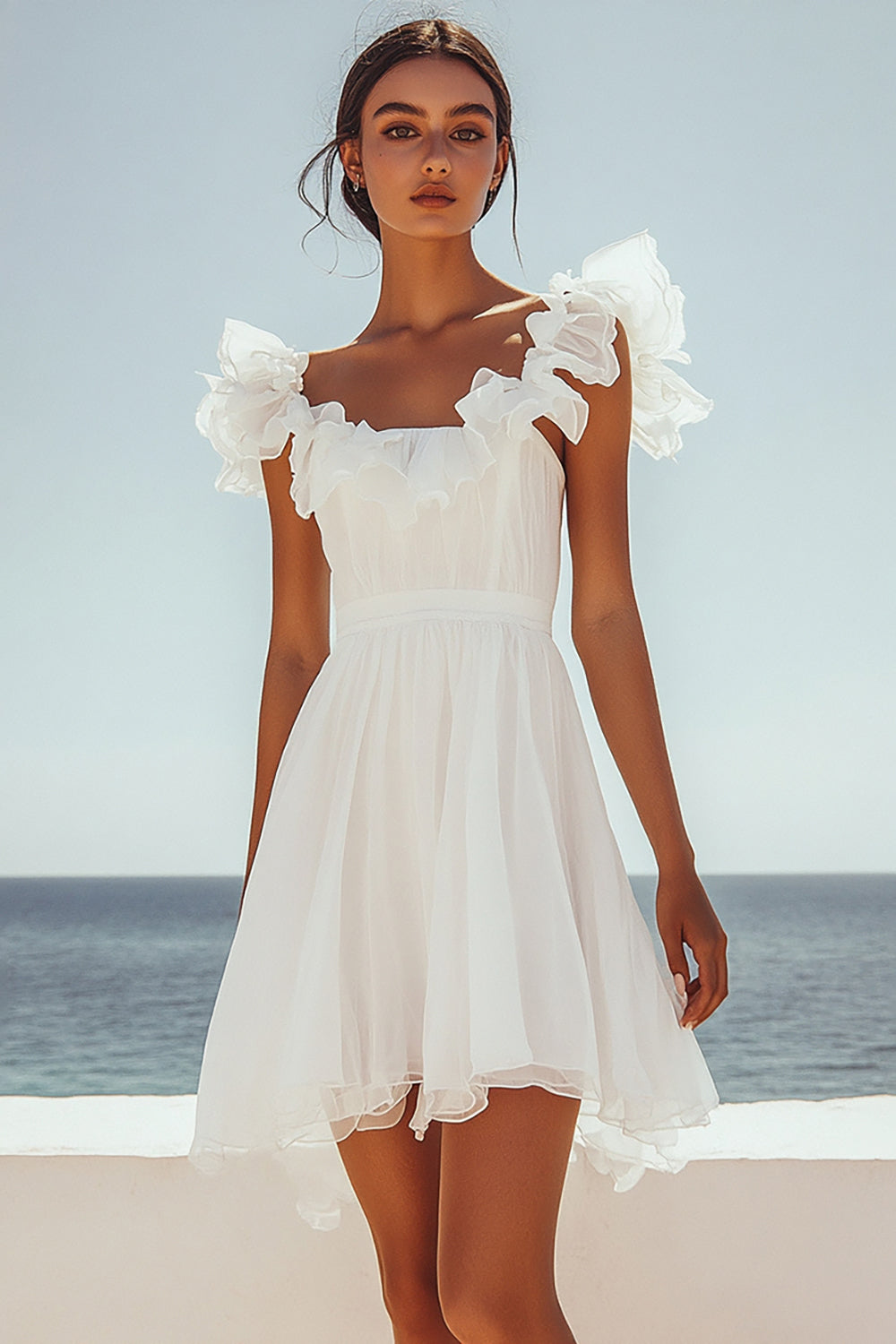 White Chiffon Mini Pleated Ruffled Graduation Dress