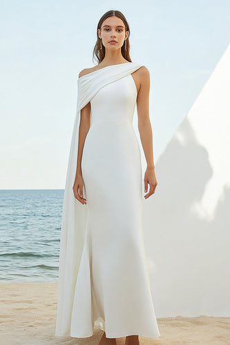 White Chiffon Sheath Asymmetrical  Engagement Dress