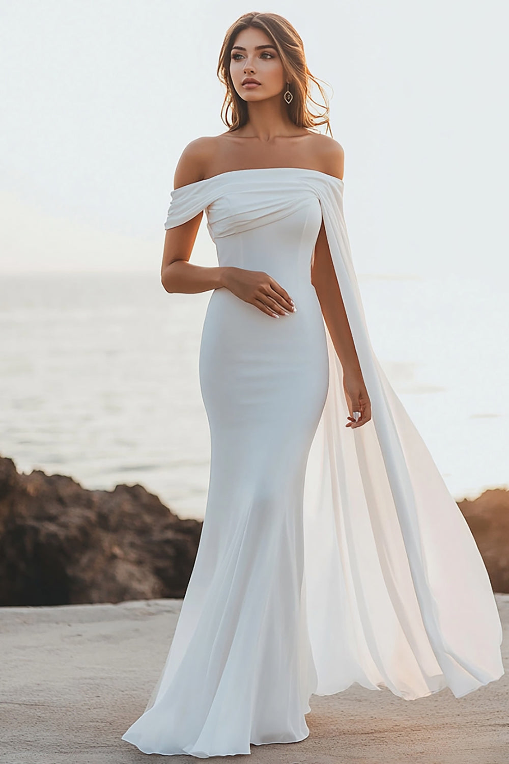 White Chiffon Mermaid Off the Shoulder Engagement Dress