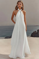 Load image into Gallery viewer, Women Ivory Chiffon A Line Engagement Dress Halter Pleated Long Reception Dress