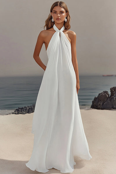 Women Ivory Chiffon A Line Engagement Dress Halter Pleated Long Reception Dress