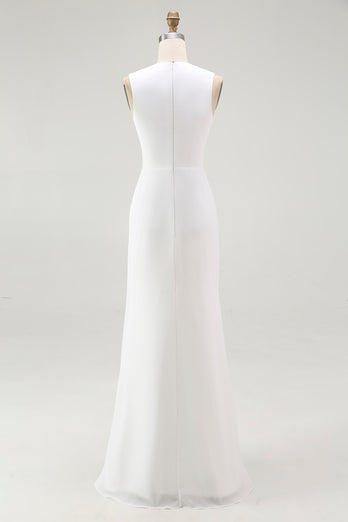 White Chiffon V-Neck Sheath Long Reception Dress