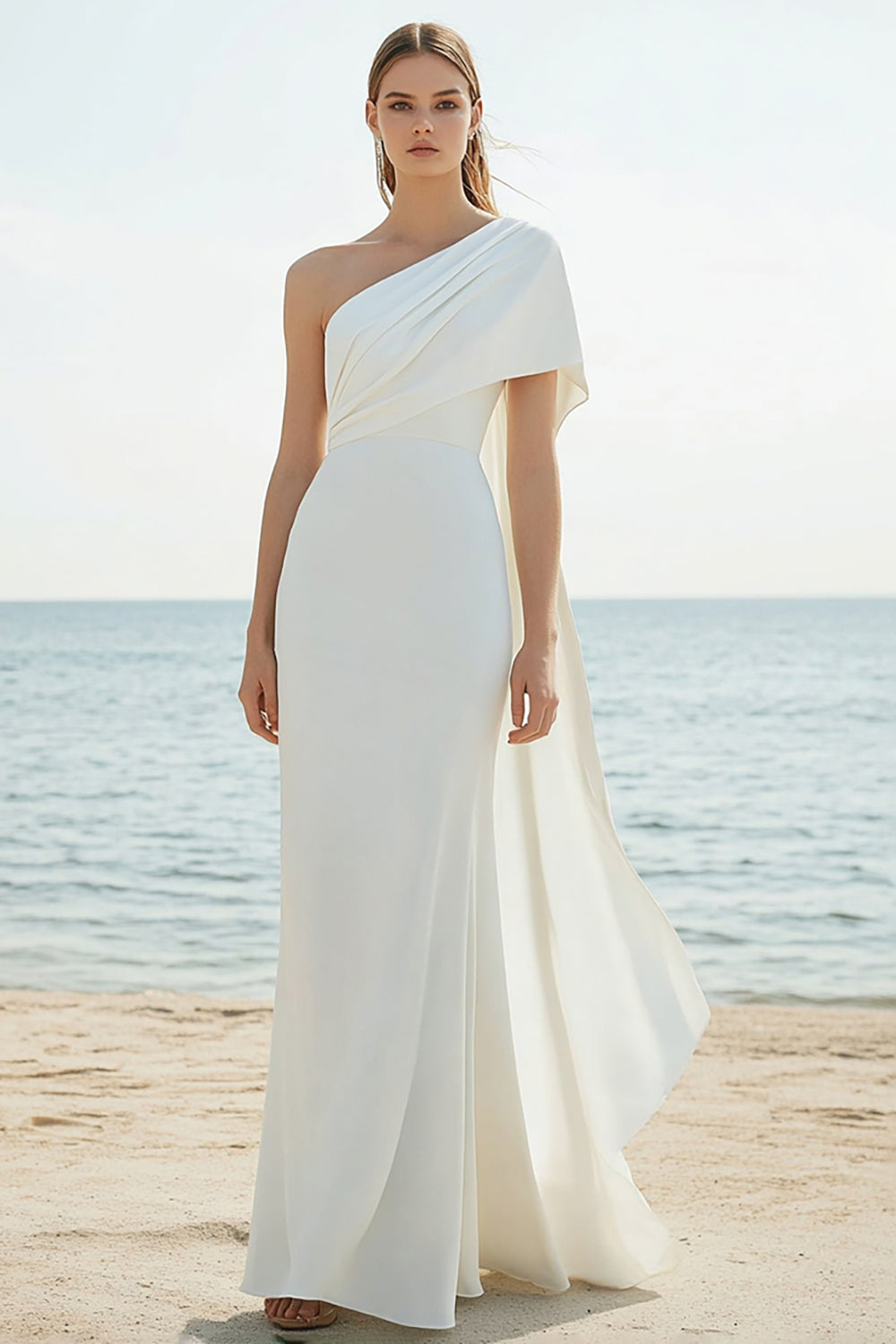 Elegant White Chiffon Sheath One Shoulder Engagement Dress