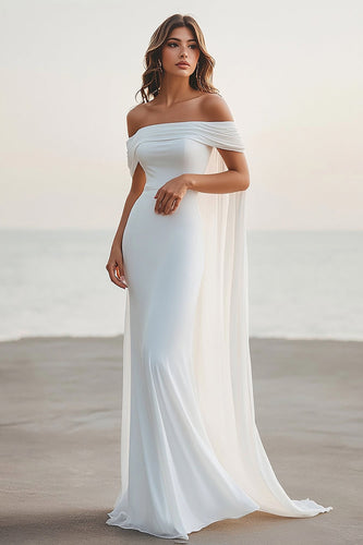 White Chiffon Sheath Off the Shoulder Engagement Dress
