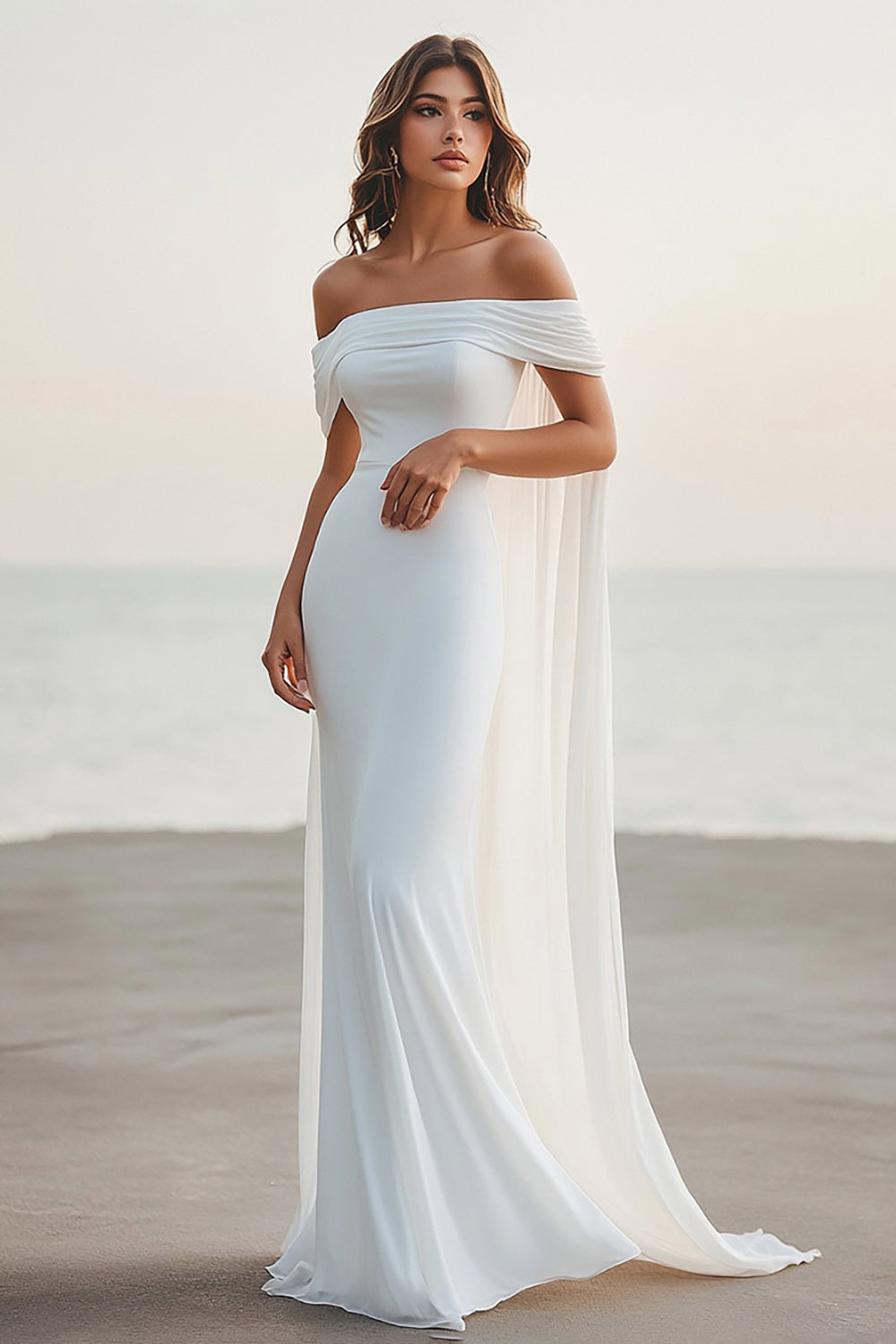 White Chiffon Sheath Off the Shoulder Engagement Dress