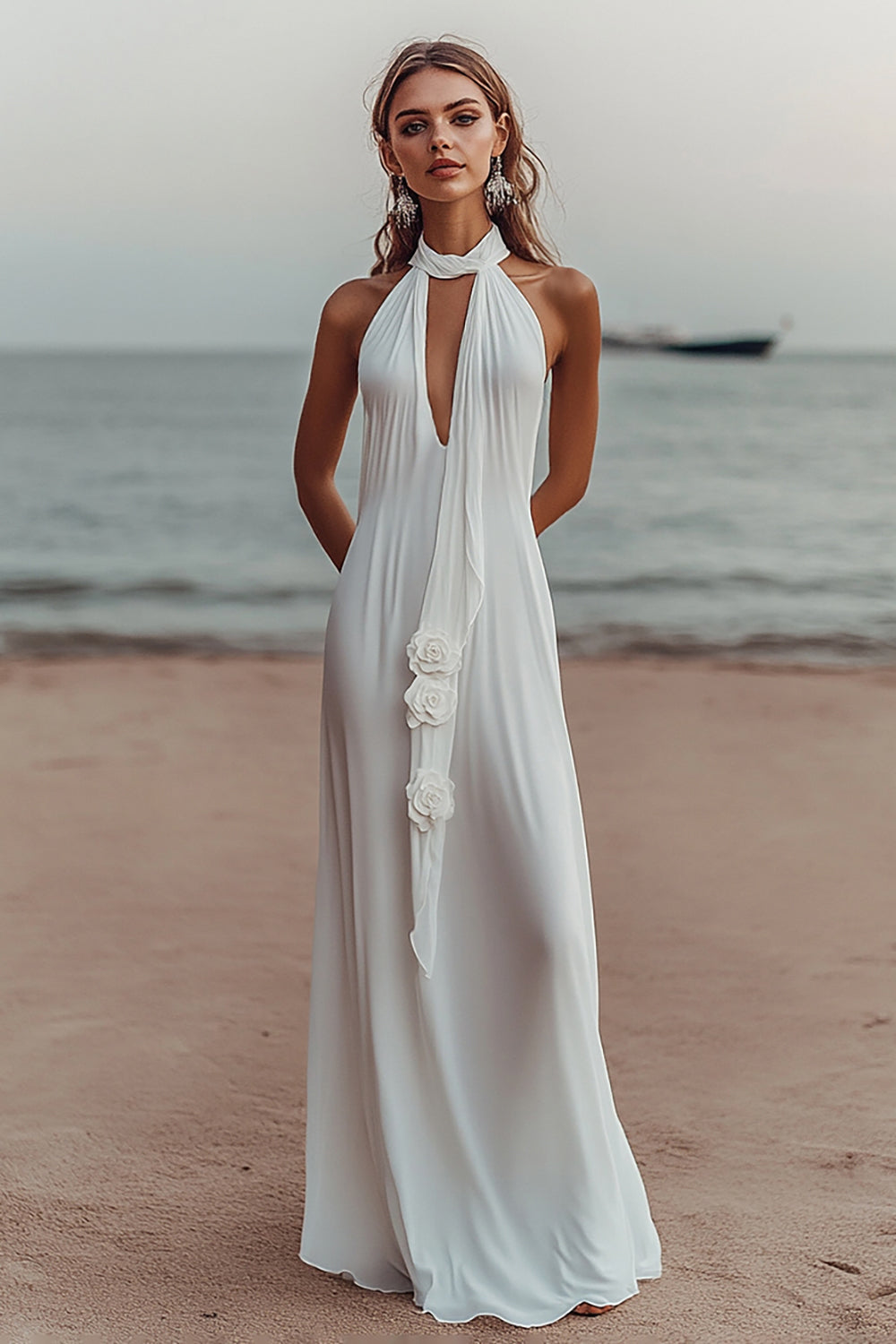 White Chiffon Sheath Keyhole Engagement Dress