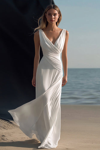 White Sheath V-Neck Chiffon Engagement Dress