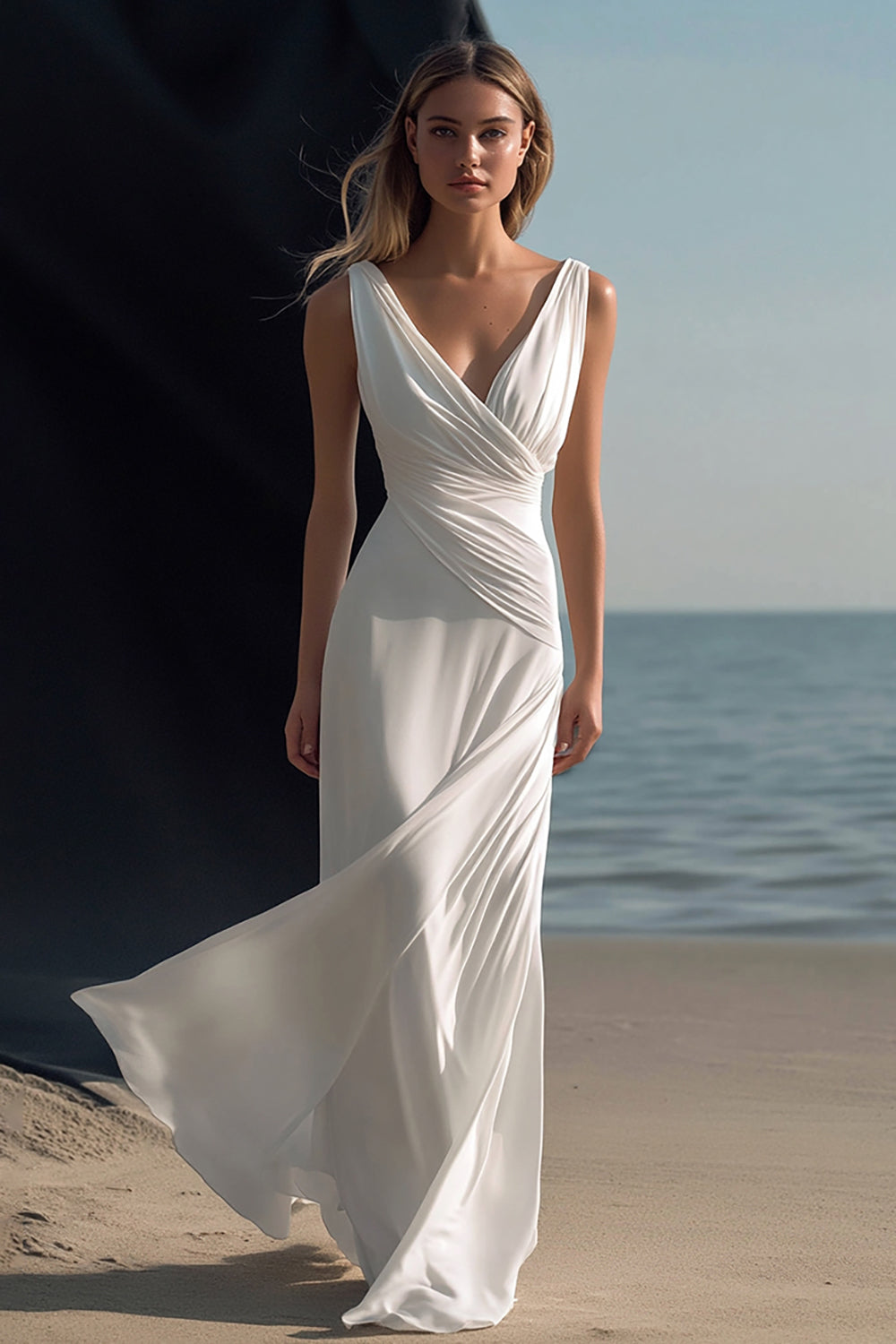 White Sheath V-Neck Chiffon Engagement Dress