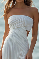 Load image into Gallery viewer, White Chiffon Sheath Strapless Engagement Dress with Slit