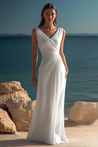White Chiffon Sheath V-Neck Ruched Engagement Dress