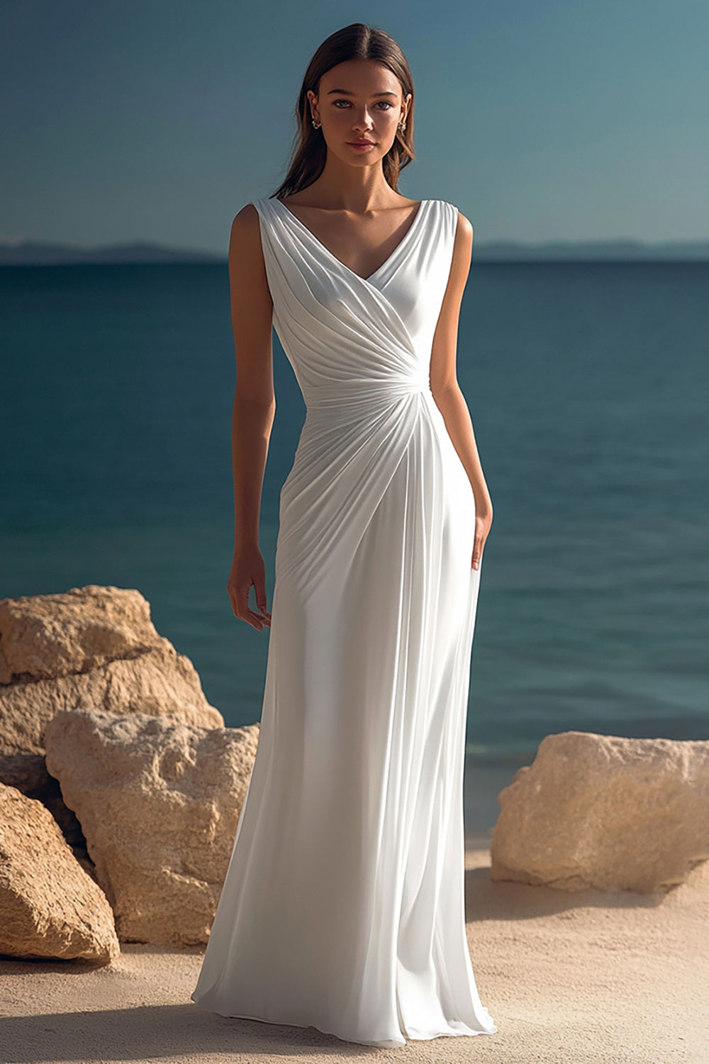 White Chiffon Sheath V-Neck Ruched Engagement Dress