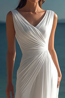 Load image into Gallery viewer, White Chiffon Sheath V-Neck Ruched Engagement Dress