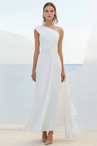 White Chiffon One Shoulder Ruched Engagement Dress