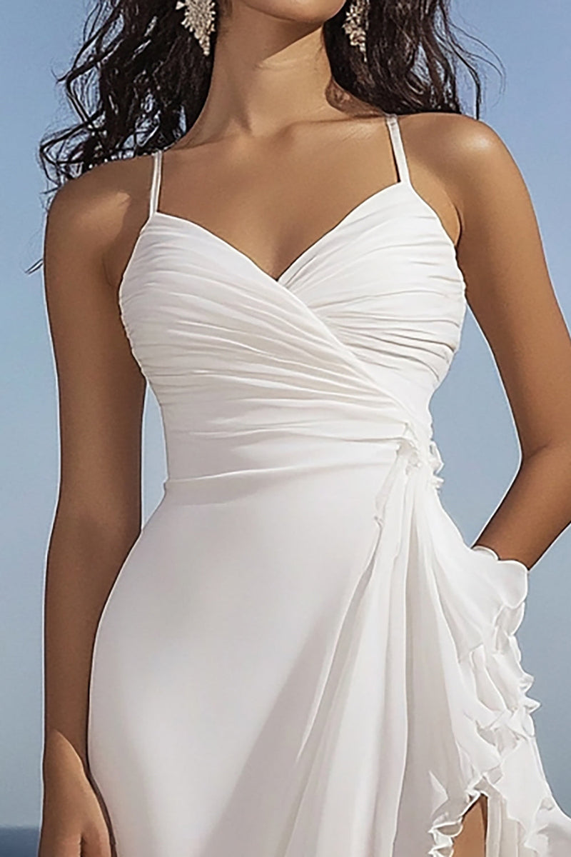 Load image into Gallery viewer, White Chiffon High-Low V-Neck Ruffled Engagement Dress
